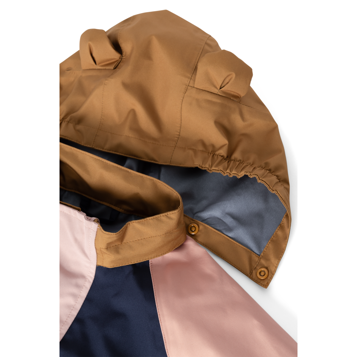 Kapuze der Liewood Manu Regenjacke in Braun und Dunkelblau, Bärechind Winterthur, Zürich, Schweiz.