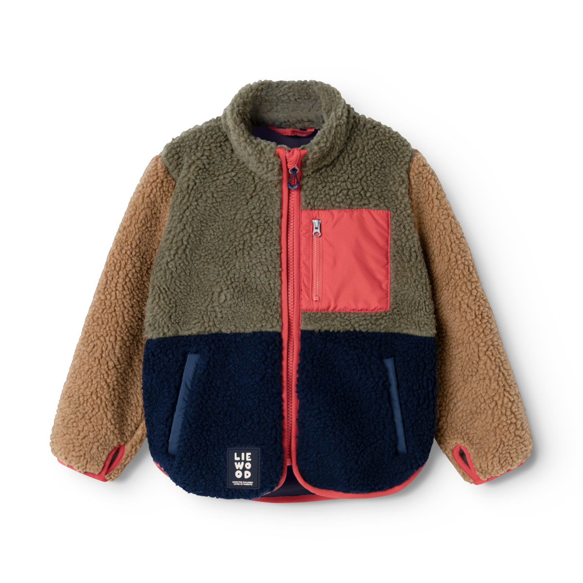 Liewood Nolan Teddyjacke Army Brown Multi Mix mit Colourblock Design aus weichem Sherpa Fleece