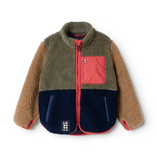 Liewood Nolan Teddyjacke Army Brown Multi Mix mit Colourblock Design aus weichem Sherpa Fleece