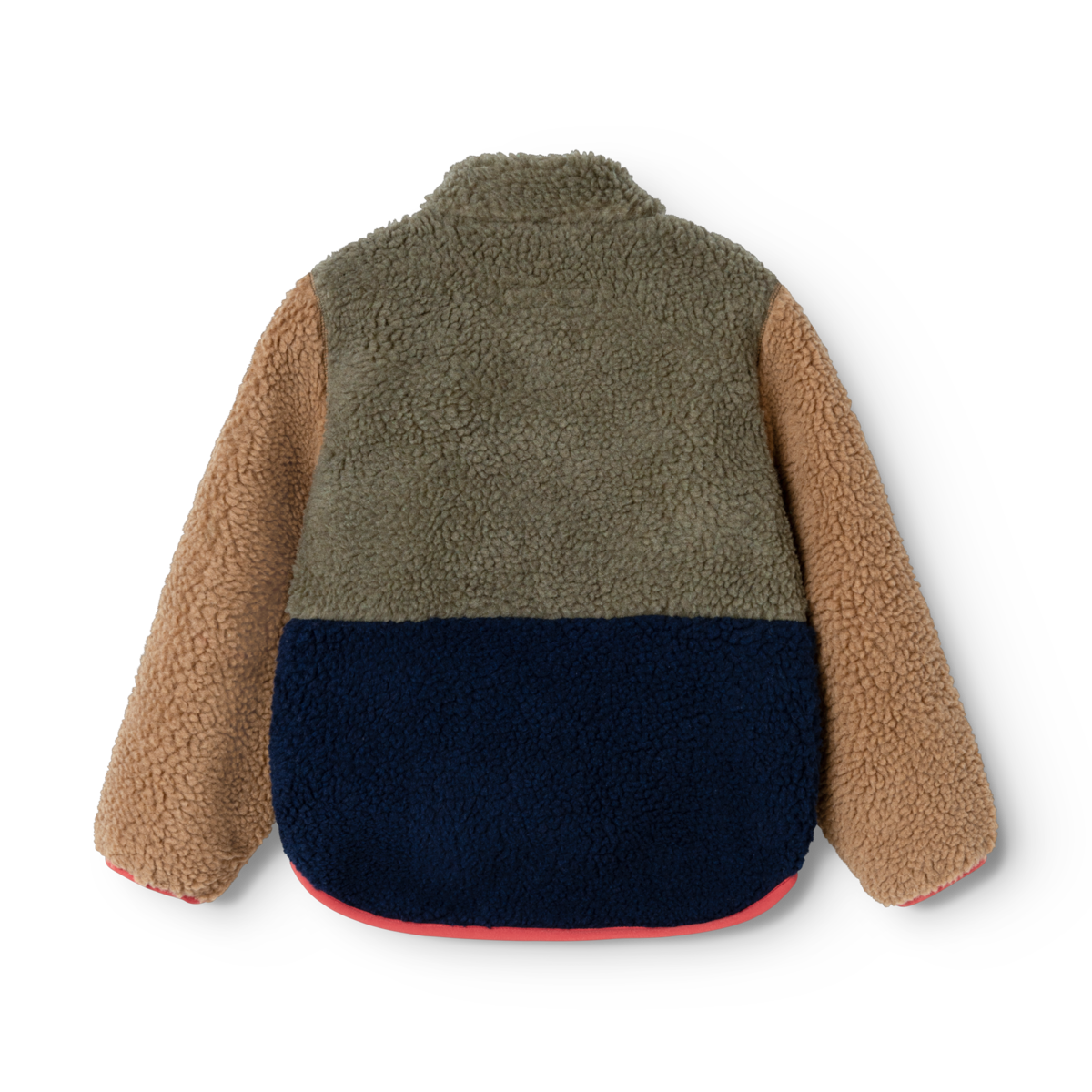Rückseite der Liewood Nolan Teddyjacke aus recyceltem Sherpa Fleece in Braun, Oliv und Dunkelblau