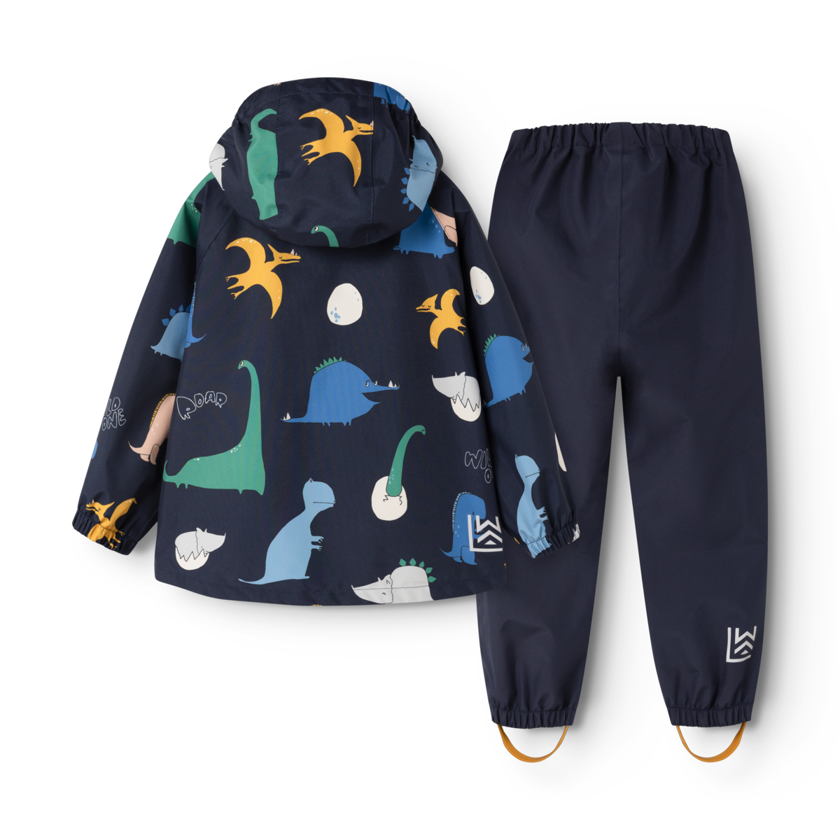 Liewood Kinder Regenanzug mit Dino Muster und dunkelblauer Regenhose von hinten