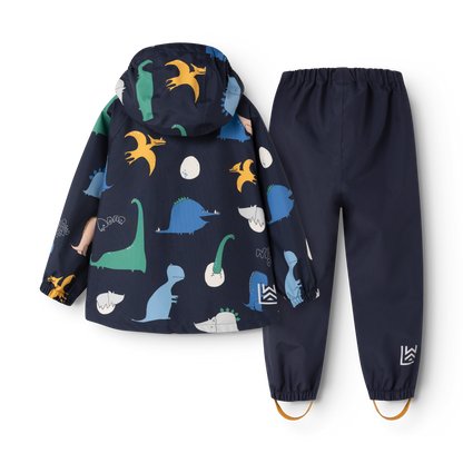 Liewood Kinder Regenanzug mit Dino Muster und dunkelblauer Regenhose von hinten