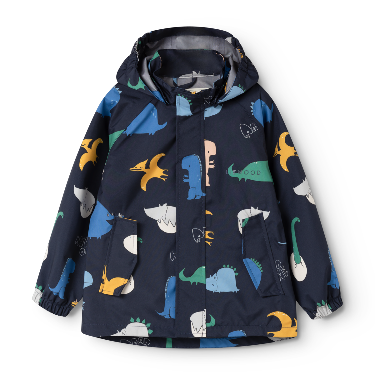 Wasserdichte Liewood Pedia Regenjacke in Classic Navy mit buntem Dinosaurier Print