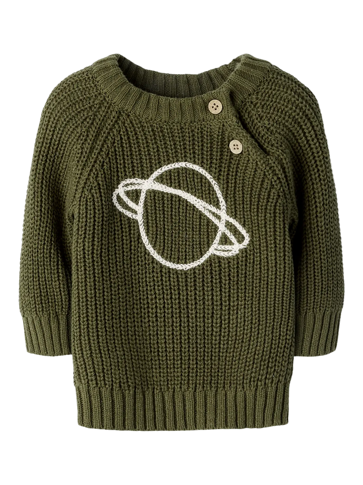 Baby Strickpullover von Lil' Atelier in Olivgrün mit aufgesticktem Planetenmotiv aus Bio-Baumwolle. Erhältlich im Bärechind Winterthur.