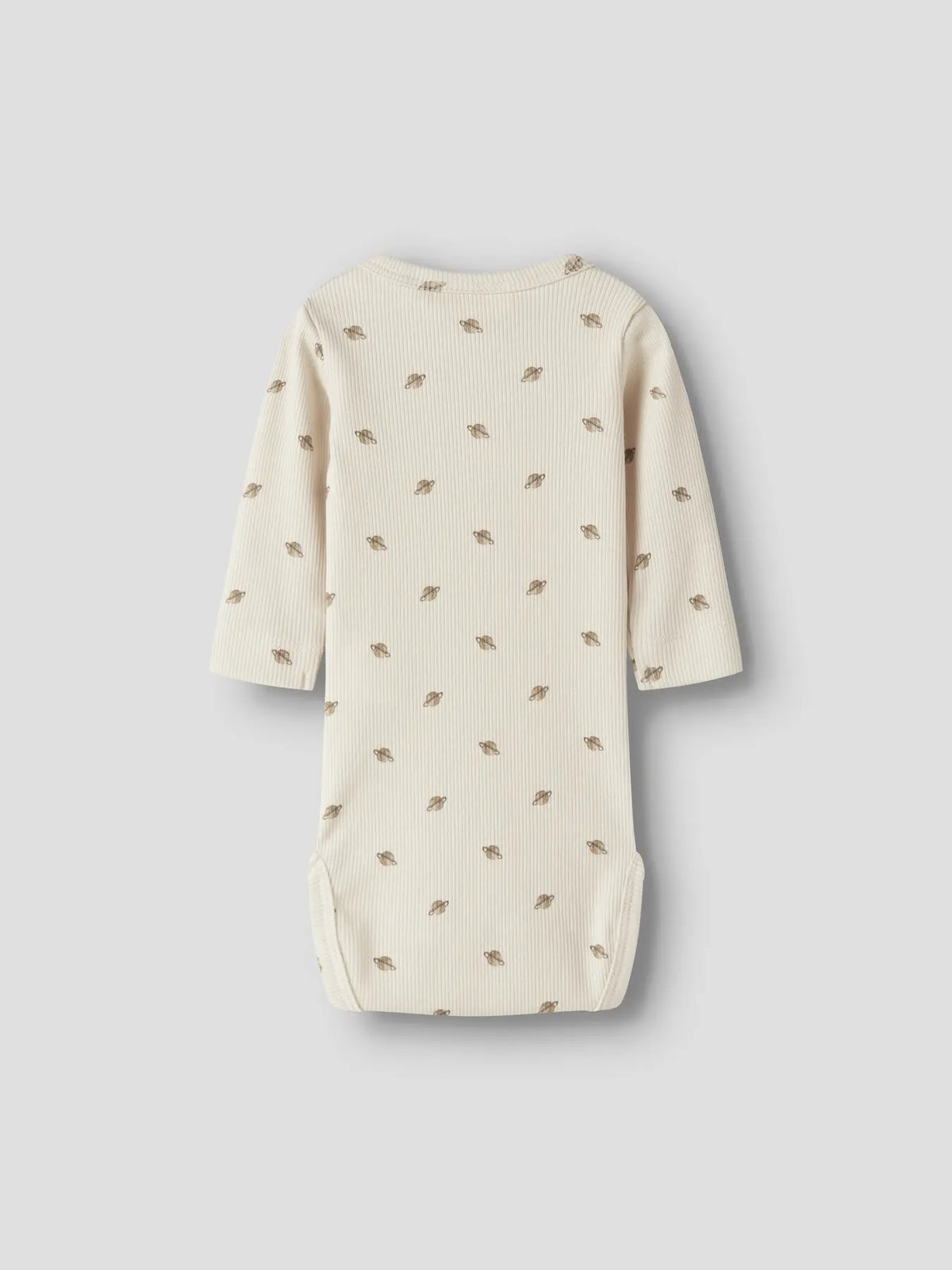 Rückseite des LIL' ATELIER Ripp Bodys aus Baumwolle und TENCEL™ Lyocell in Creme mit kleinem Planetenprint für Babys