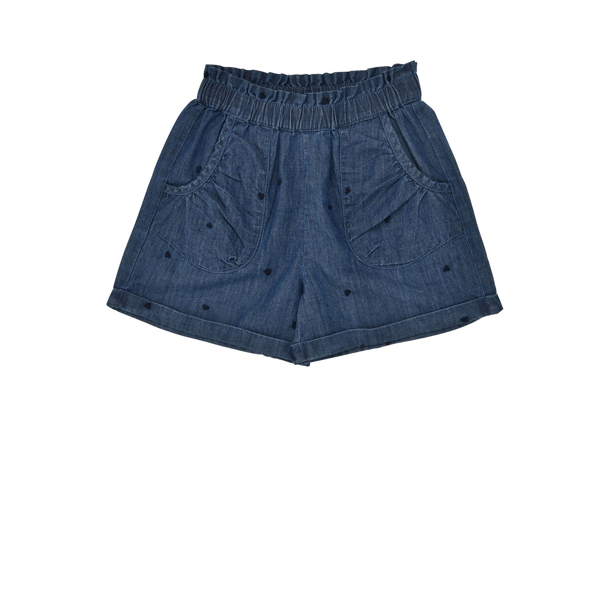 Mädchen Shorts in Jeansoptik mit kleinen Herzchen und elastischem Bund – Sommer Shorts bei Bärechind Kinderladen Winterthur.