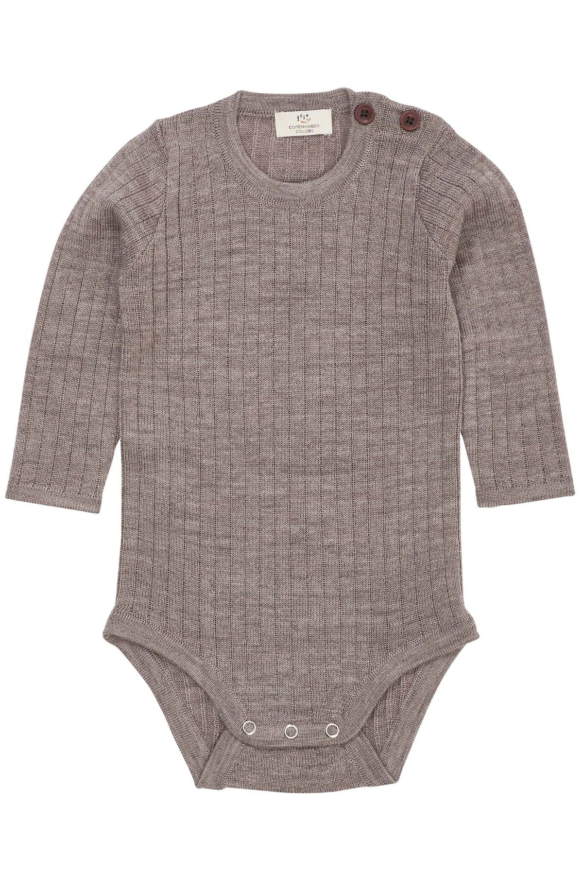 Baby Body aus Merinowolle in natural melange, frontal, erhältlich bei Bärechind in Winterthur, Zürich Schweiz.