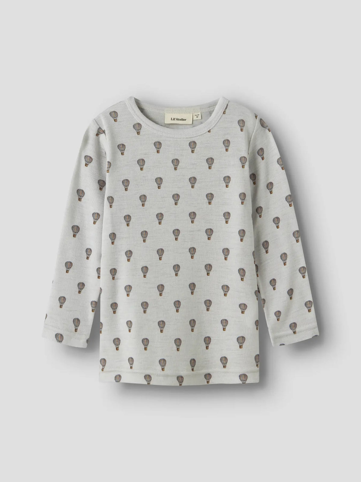 Merino Langarmshirt mit Heissluftballonprint in Oyster Mushroom, Vorderansicht