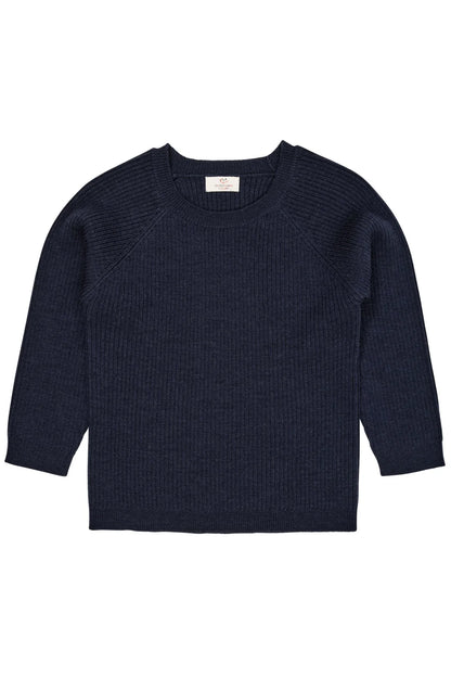 Dunkelblauer Merino Strickpullover für Kinder, frontal, erhältlich bei Bärechind in Winterthur, Zürich Schweiz.