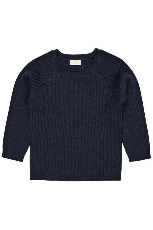 Dunkelblauer Merino Strickpullover für Kinder, frontal, erhältlich bei Bärechind in Winterthur, Zürich Schweiz.