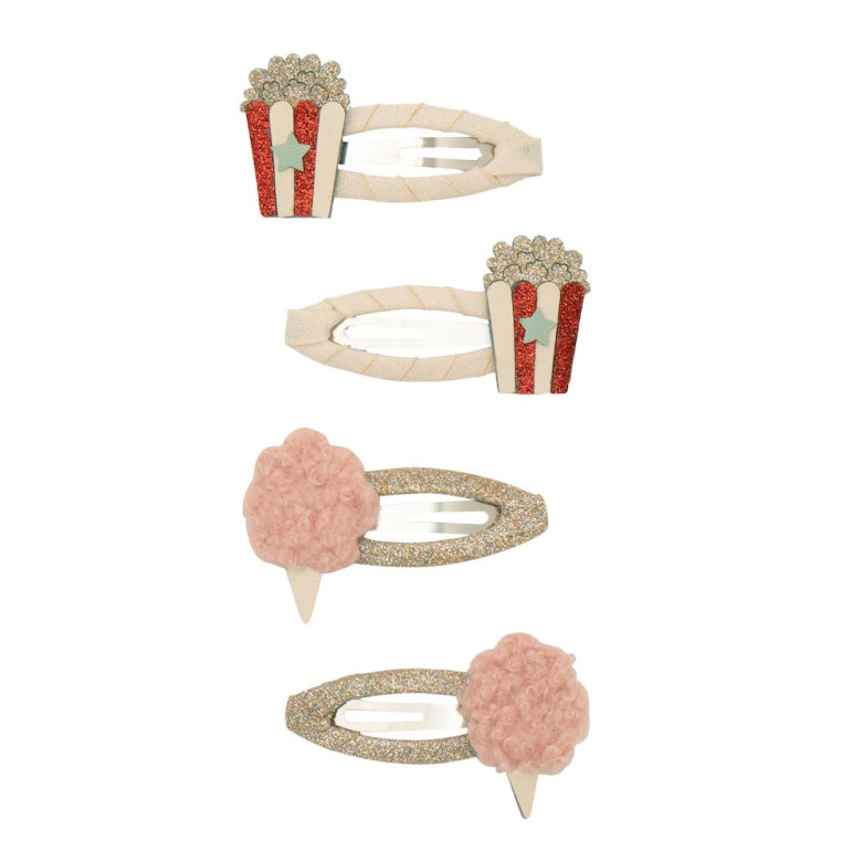 Mimi & Lula Haarclips mit Popcorn- und Zuckerwatte-Design in Rosa und Glitzer, erhältlich im Bärechind Schweiz.