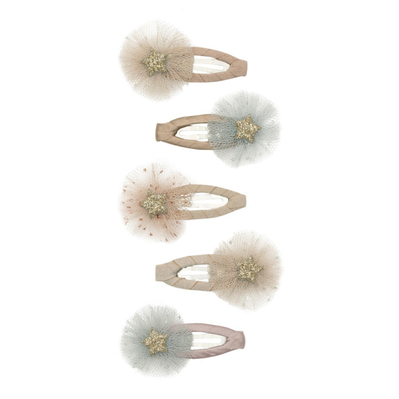 Set mit 5 Mini Tüll Rosetten Haarclips mit goldenen Glitzersternen von Mimi & Lula, erhältlich im Bärechind Winterthur, Zürich Schweiz.