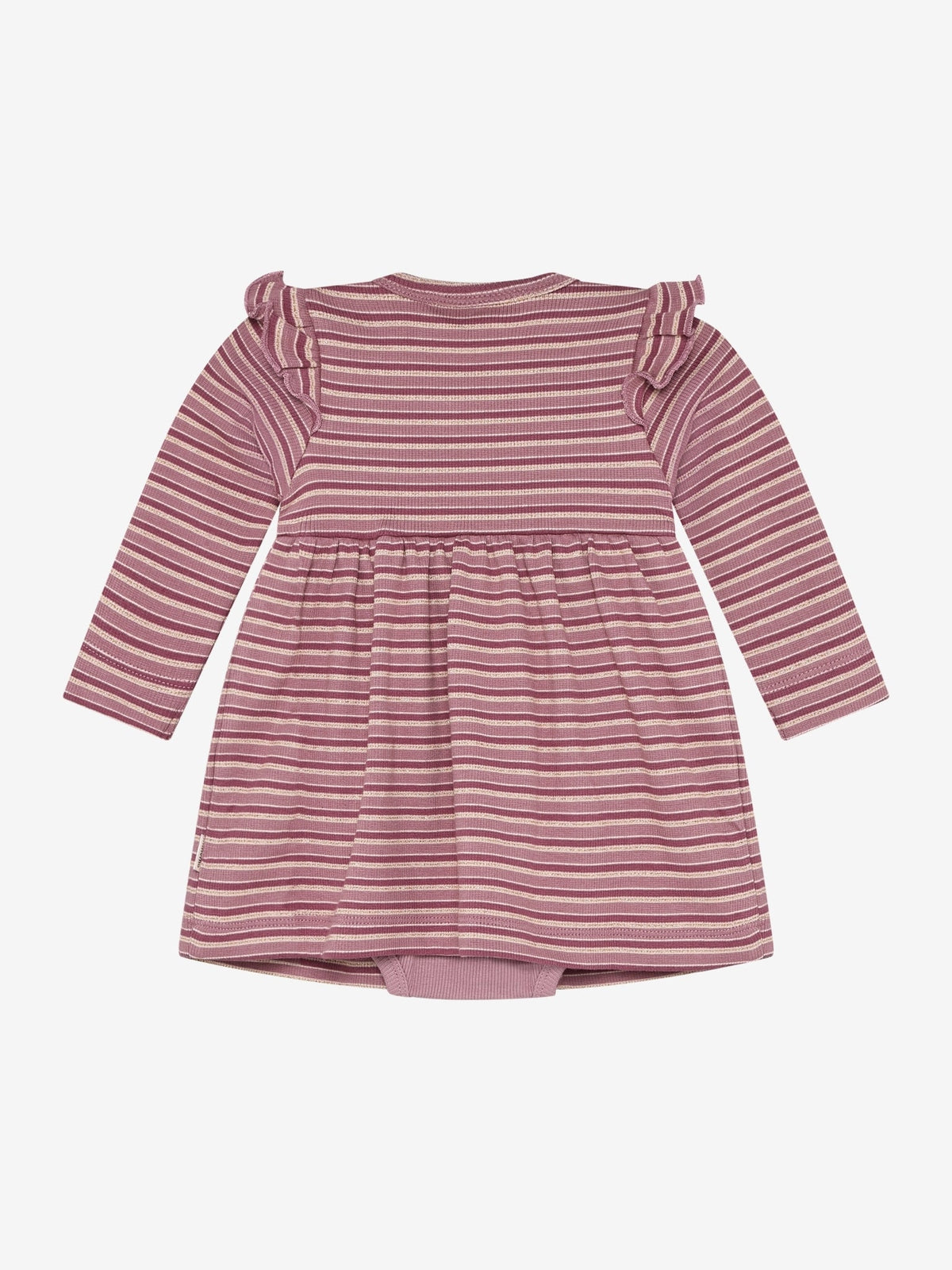 Minymo Bodykleid Baby geringelt in Mahogany Rose, Detailansicht Volant