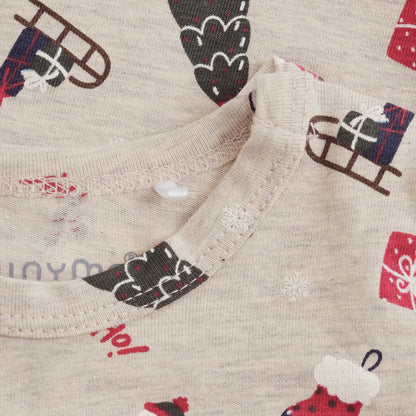 Minymo Weihnachtsbody in Beige Melange, Detailansicht Kragen mit Print