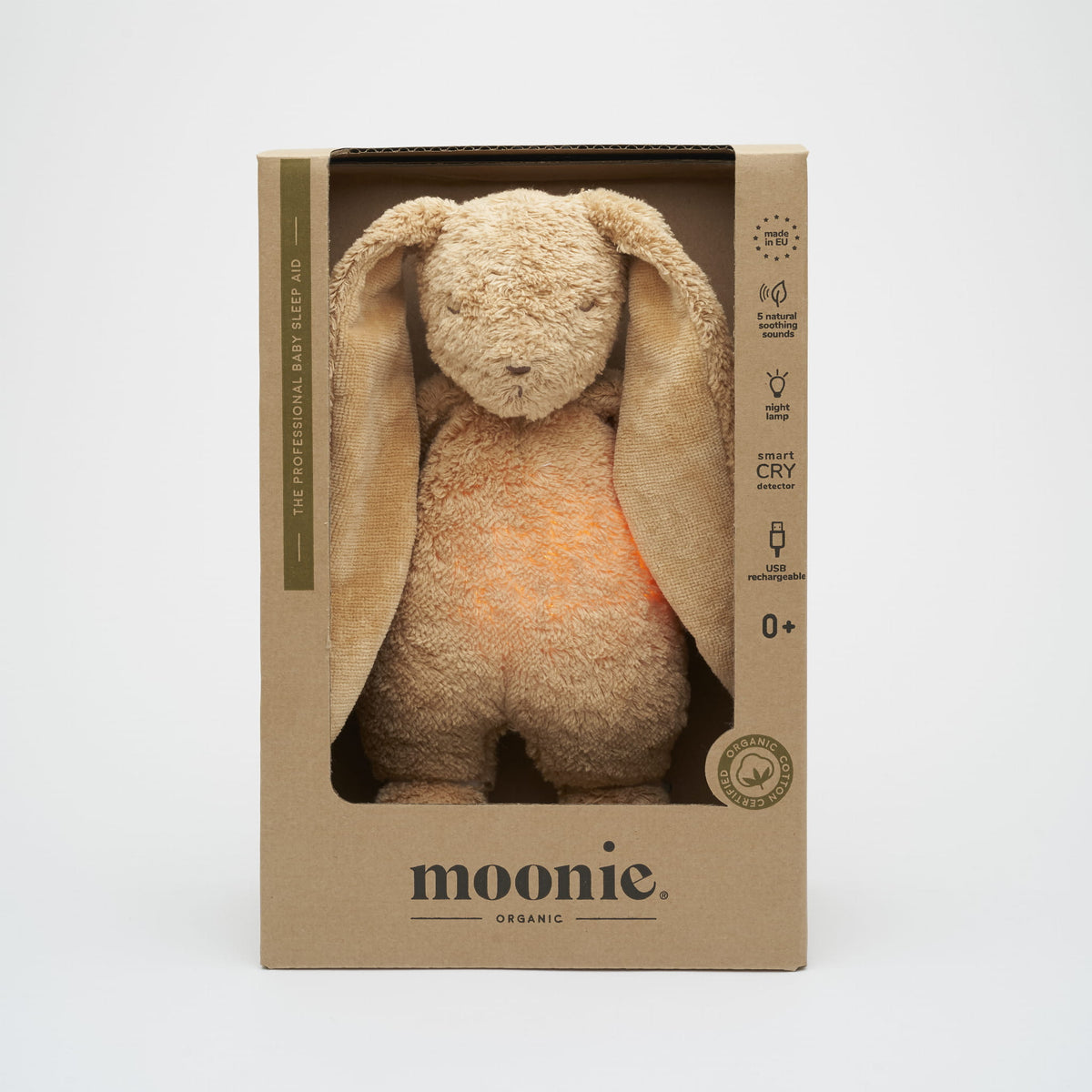 Moonie 2.0 Hase cappuccino in stilvoller Verpackung – perfektes Geschenk für Babys mit Schlafhilfe-Funktion, Naturklängen und beruhigendem Licht. Jetzt in Winterthur, Zürich, Schweiz verfügbar.