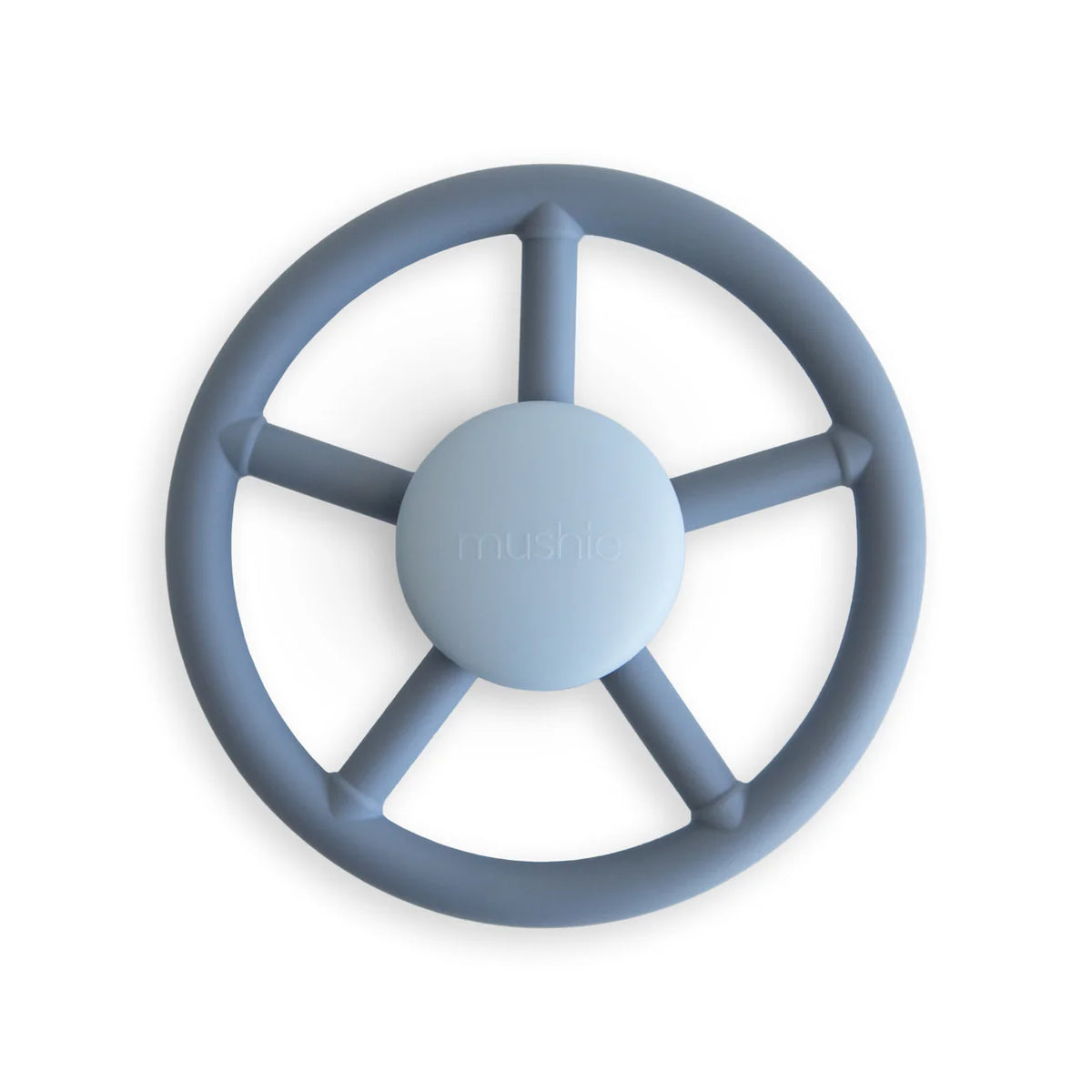 Mushie Lenkrad Spinner Toy aus Silikon in Blau – Baby Aktivitätsspielzeug mit Saugnapf, erhältlich im Bärechind Schweiz.