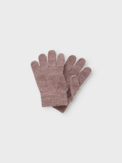 Paar altrosa Wollhandschuhe für Kinder, locker übereinander gelegt.