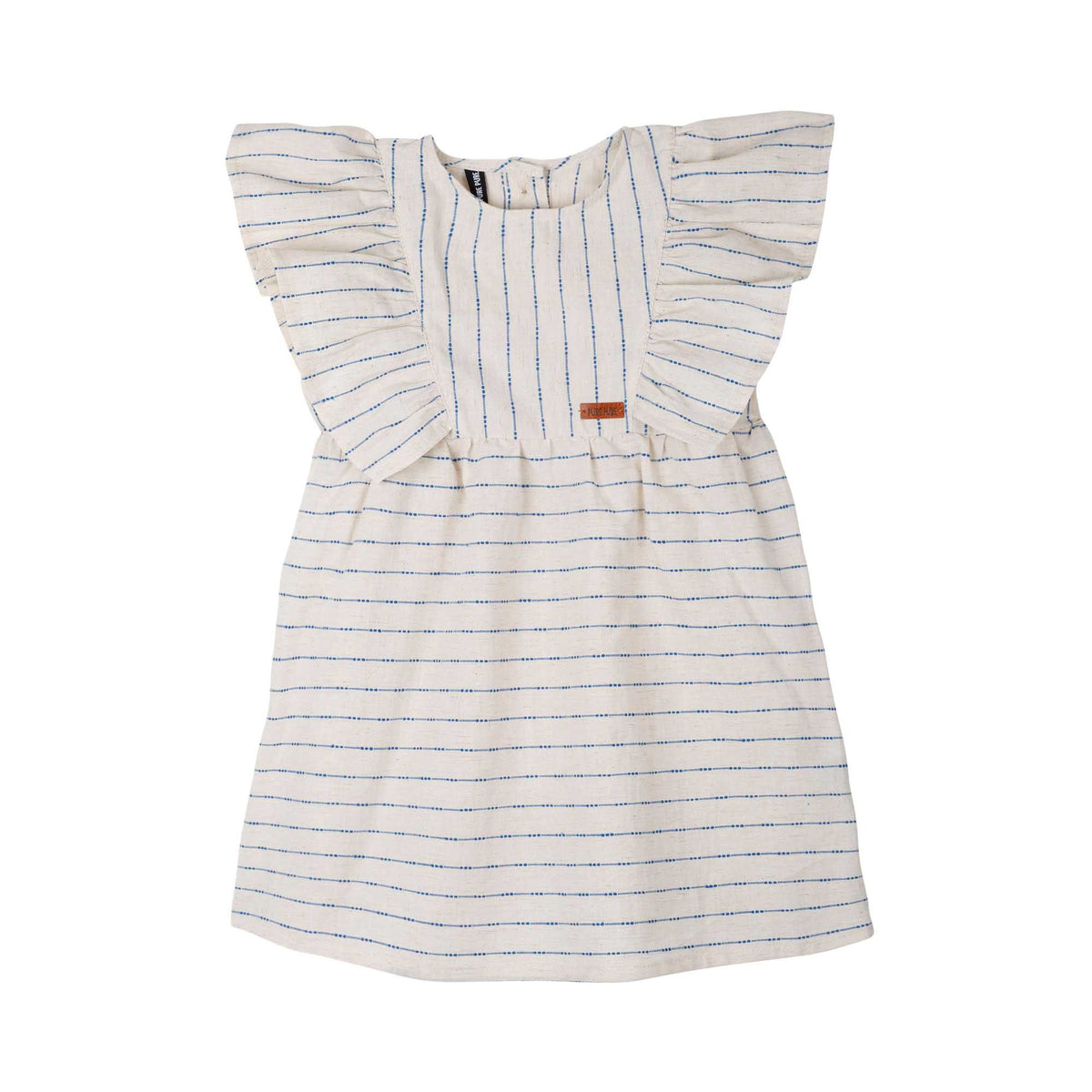 Luftiges Kinderkleid aus Baumwolle-Leinen-Mix in Weiss mit blauen Streifen von Pure Pure by Bauer – nachhaltige Kindermode in Winterthur, Zürich, Schweiz.