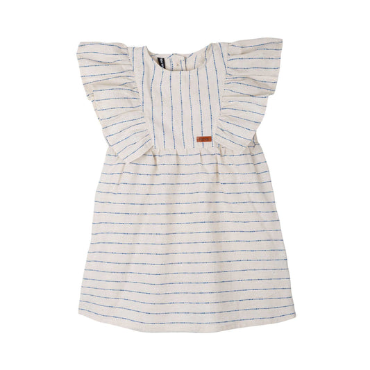 Luftiges Kinderkleid aus Baumwolle-Leinen-Mix in Weiss mit blauen Streifen von Pure Pure by Bauer – nachhaltige Kindermode in Winterthur, Zürich, Schweiz.