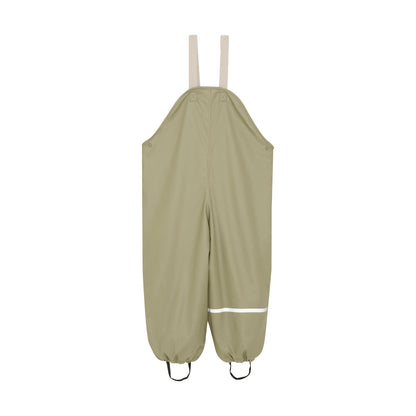 Gefütterte Regenhose CeLaVi in Olivgrün für Kinder, Rückseite, erhältlich im Bärechind Winterthur Zürich Schweiz.