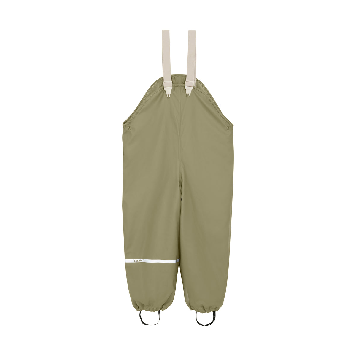 Gefütterte Regenhose CeLaVi in Olivgrün für Kinder, Vorderseite, erhältlich im Bärechind Winterthur Zürich Schweiz.