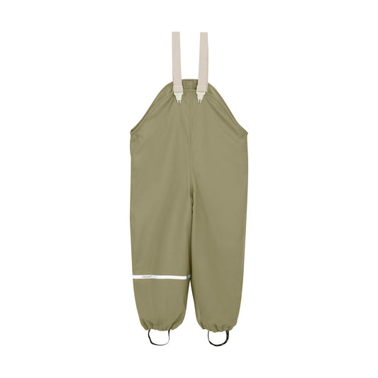 Gefütterte Regenhose CeLaVi in Olivgrün für Kinder, Vorderseite, erhältlich im Bärechind Winterthur Zürich Schweiz.