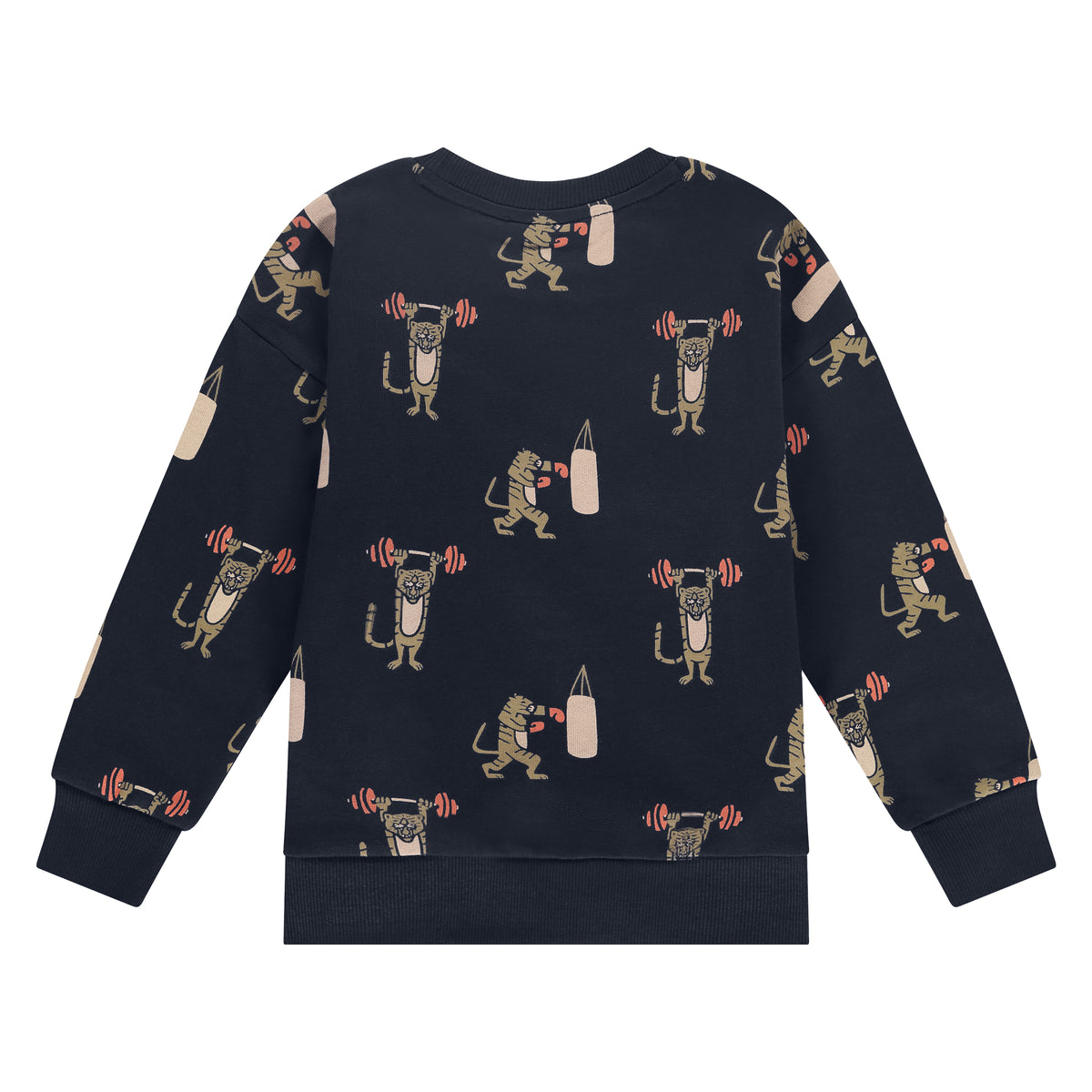 Rückansicht des Jungen-Sweatshirts "Tiger" von Stains & Stories mit Allover-Fitness-Motiven