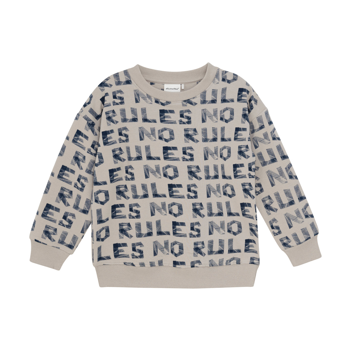 Beige MINYMO Sweatshirt mit blauem NO RULES Print – Vorderseite, erhältlich bei Bärechind in Winterthur, Zürich, Schweiz.
