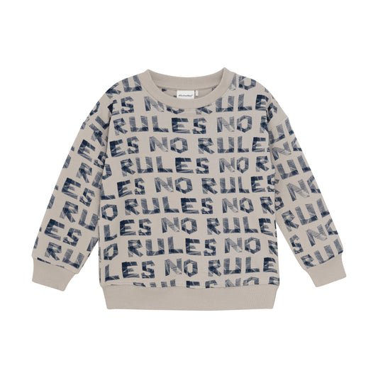 Beige MINYMO Sweatshirt mit blauem NO RULES Print – Vorderseite, erhältlich bei Bärechind in Winterthur, Zürich, Schweiz.