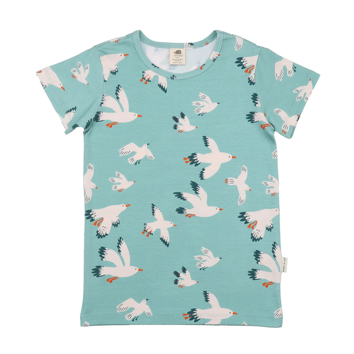 Walkiddy Seagulls Kinder T-Shirt in Türkis mit weissen Möwen und kurzen Ärmeln, nachhaltige Kindermode im Bärechind Winterthur.