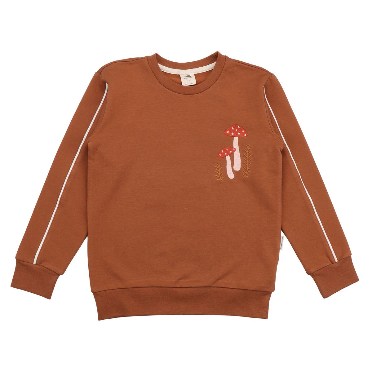 Rostbraunes WALKIDDY Sweatshirt mit Pilzstickerei aus Bio-Baumwolle – erhältlich bei Bärechind in Winterthur, Zürich Schweiz.

