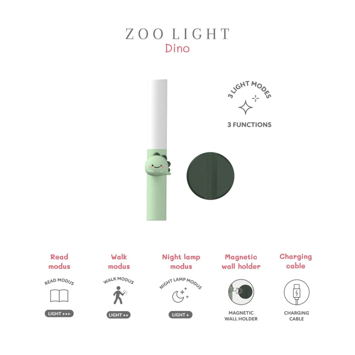 „Zoo Buddy Light – Übersichtsgrafik mit Funktionen, drei Lichtmodi und technischen Details der grünen Kinder-Nachtlampe“